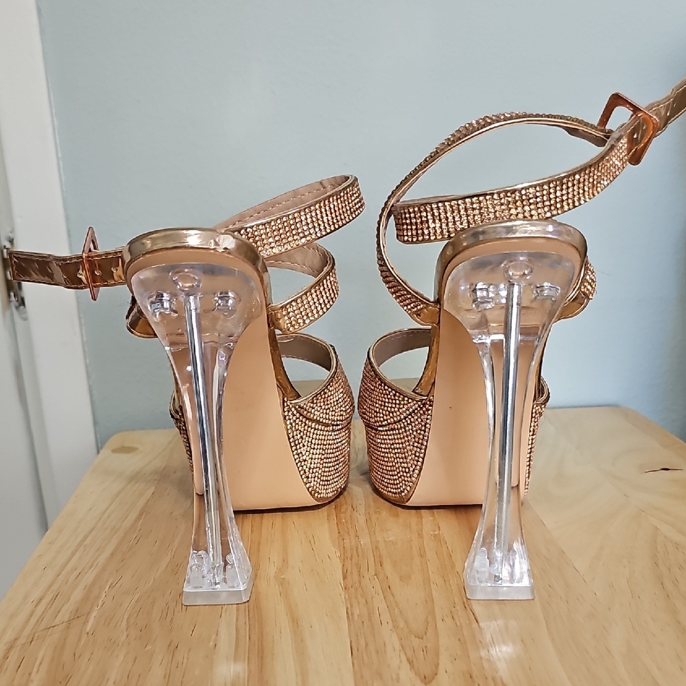 SHEIN Rose Gold Rhinestone Strap Block Heels - Picture 3 of 5
